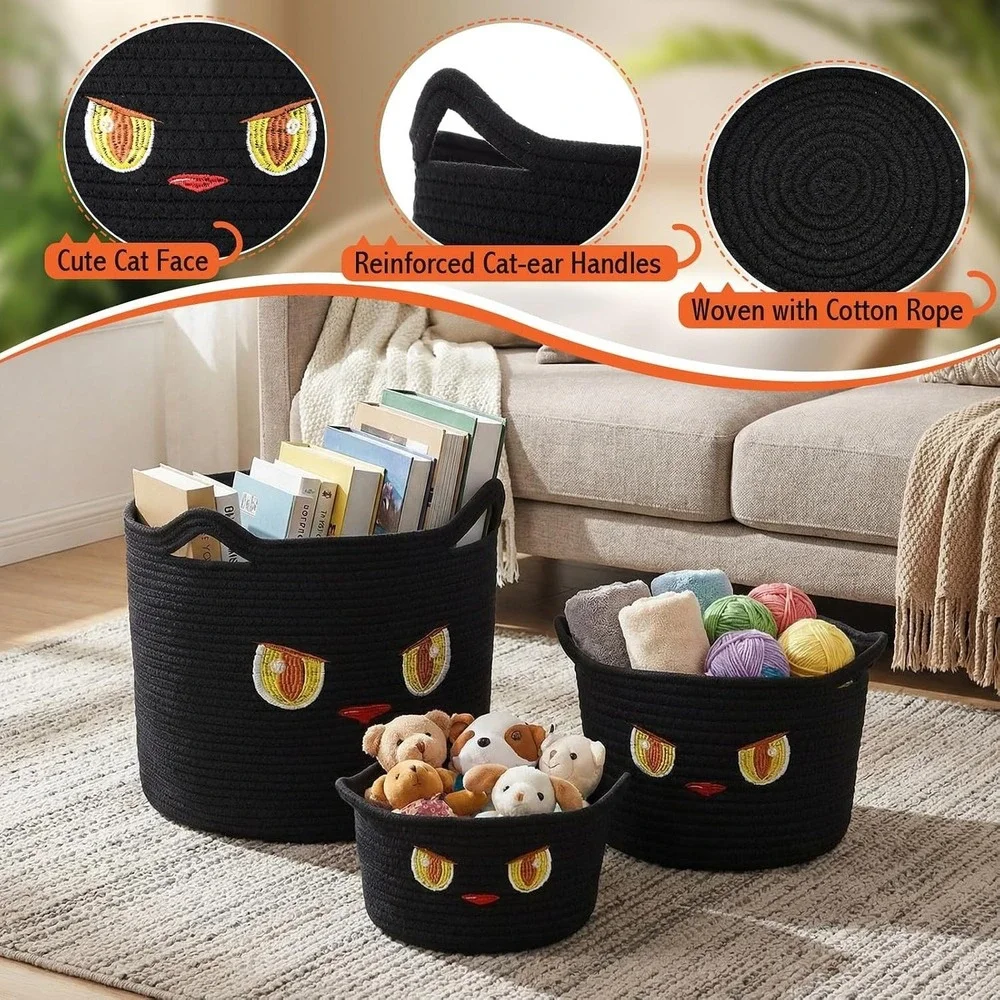 Acellegic 3 Pcs Black Cat Toy Basket with Cute Ears Cotton Rope Woven Baskets